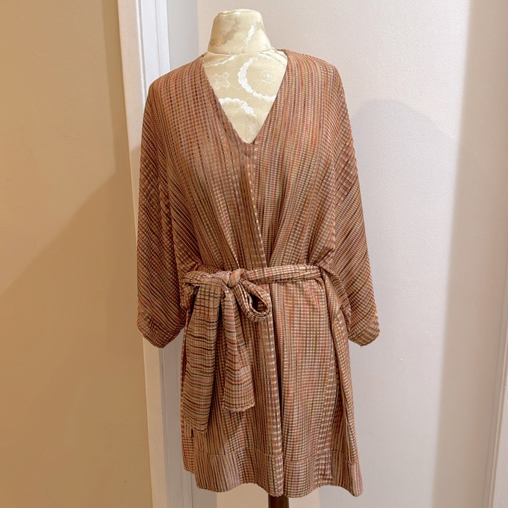 Alexis Kaftan Wide Sleeves Multicolored Knit V Neck Pull On Belted Midi Dress L